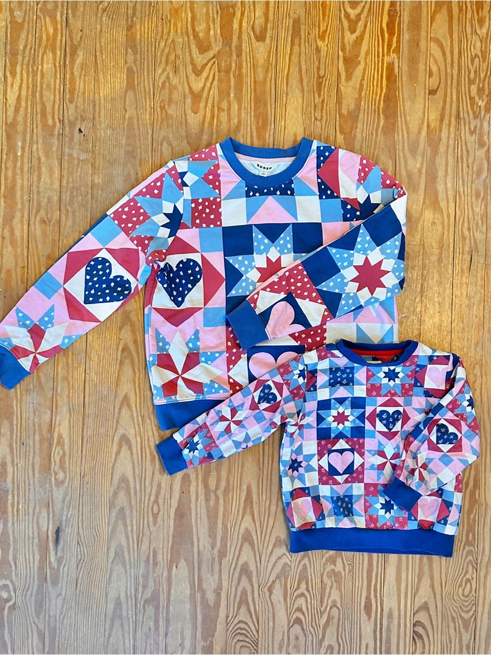 Boden Patchwork Heart & Star Crewneck Sweatshirt in Blue, Pink & Red